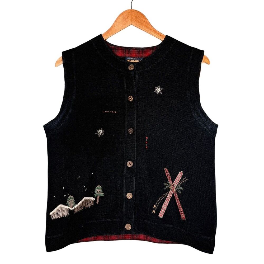 Woolrich Sweater Vest Women’s Size L Button Up Embroidered Black Retro Cottage